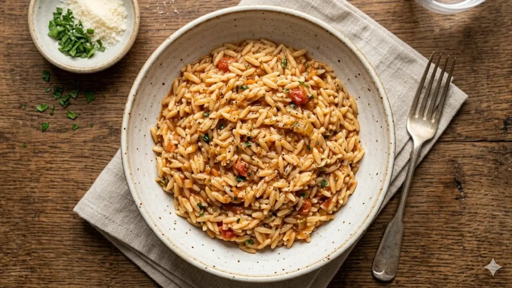 Gluten free orzo pasta, beautifully styled overhead food photograph