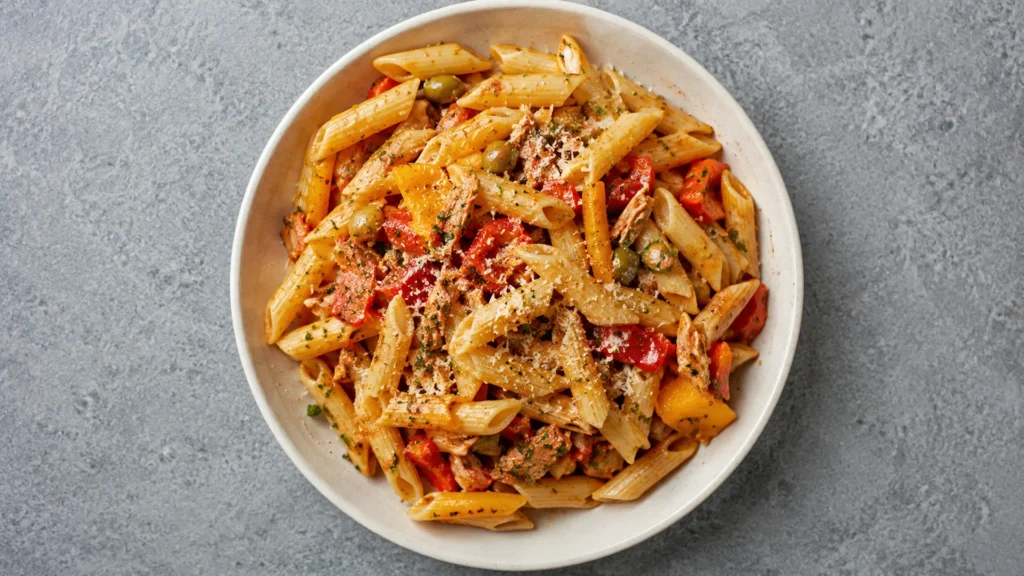 Gluten free pasta, beautifully styled overhead food photograph