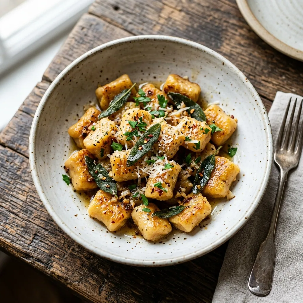 Sweet Potato Gnocchi with Garlic Sage Butter served and ready to eat