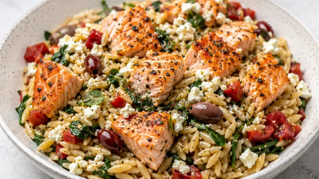 Zesty Greek Salmon & Feta Orzo - Greek salmon: prepare this vibrant, healthy meal featuring flaky salmon, tangy lemon feta, and a refreshing orzo summer salad.
