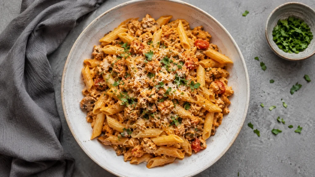 High protein pasta, beautifully styled overhead food photograph
