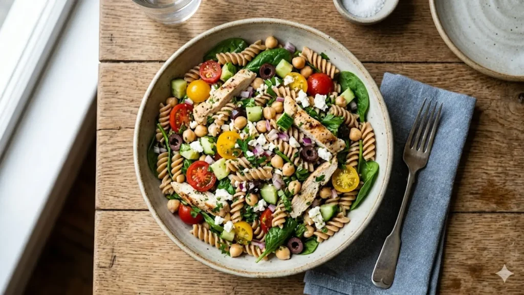 High protein pasta salad, beautifully styled overhead food photograph