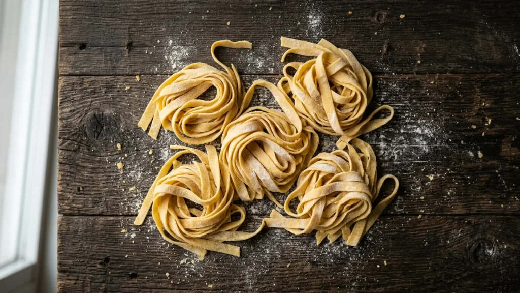 Homemade pasta, beautifully styled overhead food photograph