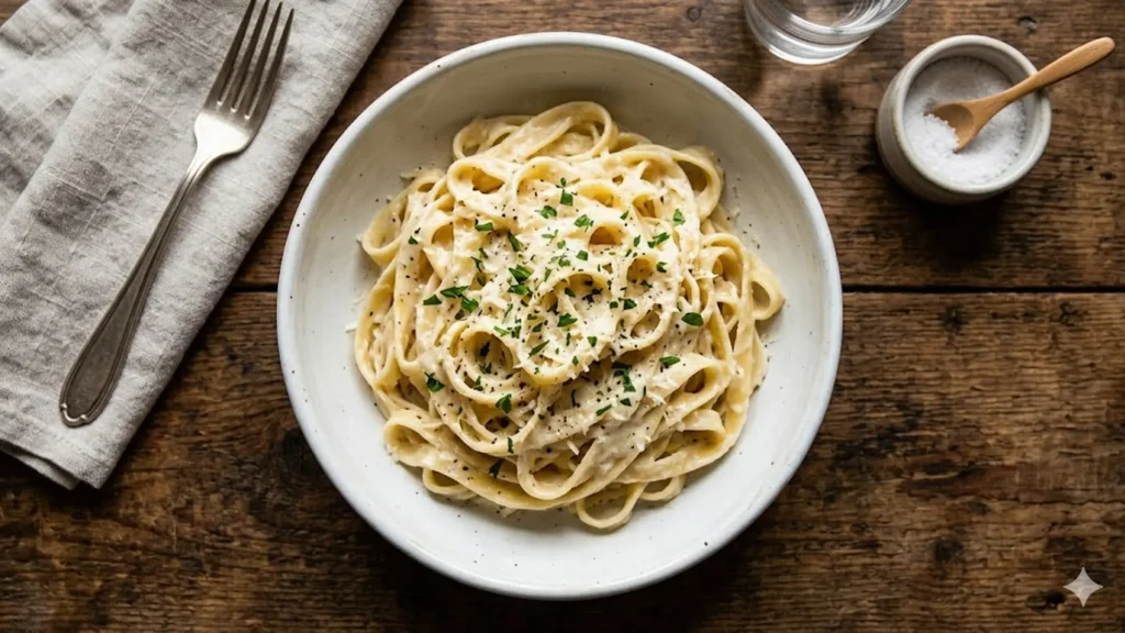 Homemade pasta alfredo sauce, beautifully styled overhead food photograph