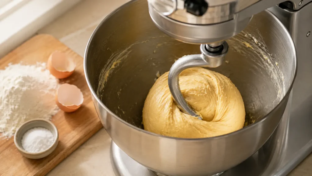 KitchenAid stand mixer bowl with fresh egg pasta dough being kneaded by the dough hook attachment on Speed 2