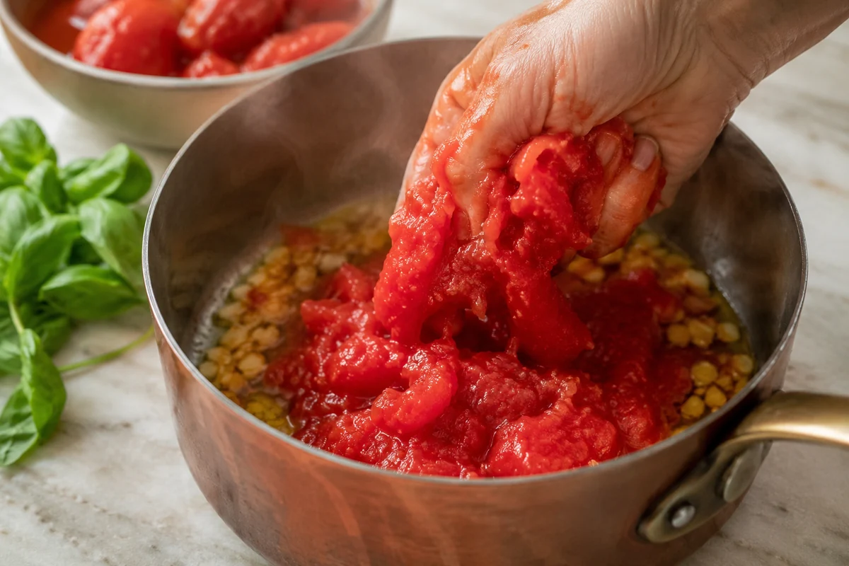 Hand-crushed tomatoes being added to a pan of golden sauteed garlic in olive oil