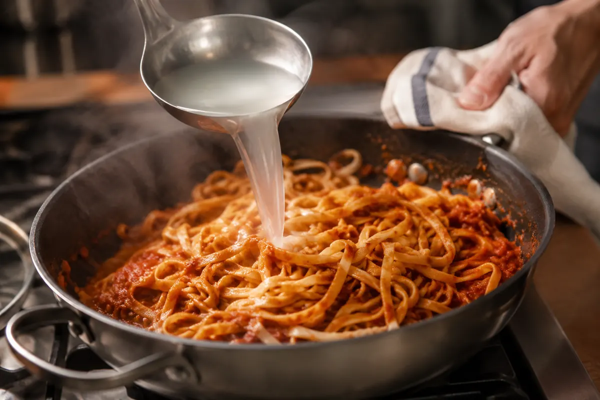 Cloudy starchy pasta water being ladled into a skillet of pasta and tomato sauce