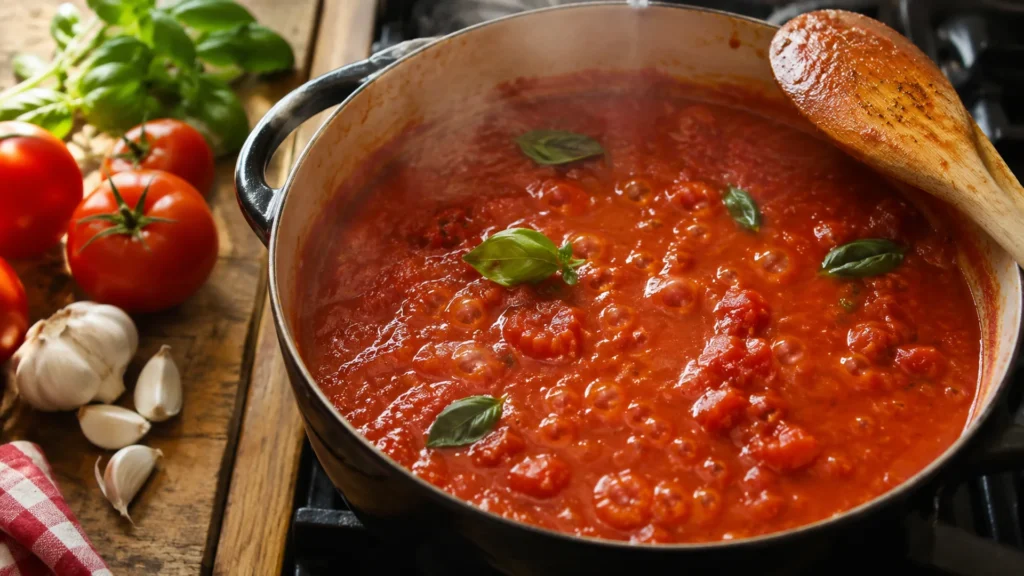 A pot of homemade tomato pasta sauce simmering with fresh basil and a wooden spoon