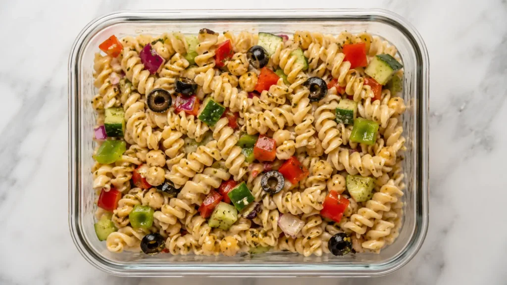 Pasta good for in the fridge, beautifully styled overhead food photograph