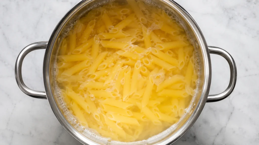 Boiling pasta, beautifully styled overhead food photograph