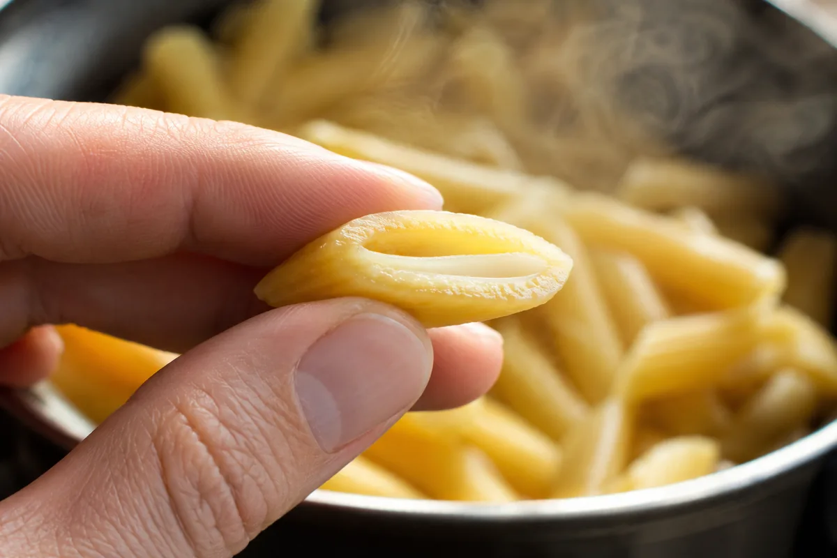 A piece of penne cut in half showing the thin pale firm core that signals al dente