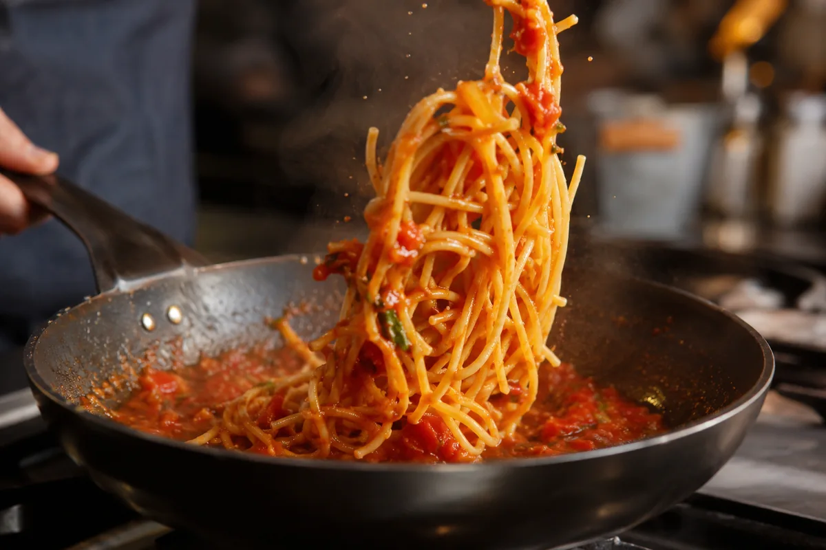 Al dente pasta being tossed in a hot skillet with tomato sauce and a splash of pasta water