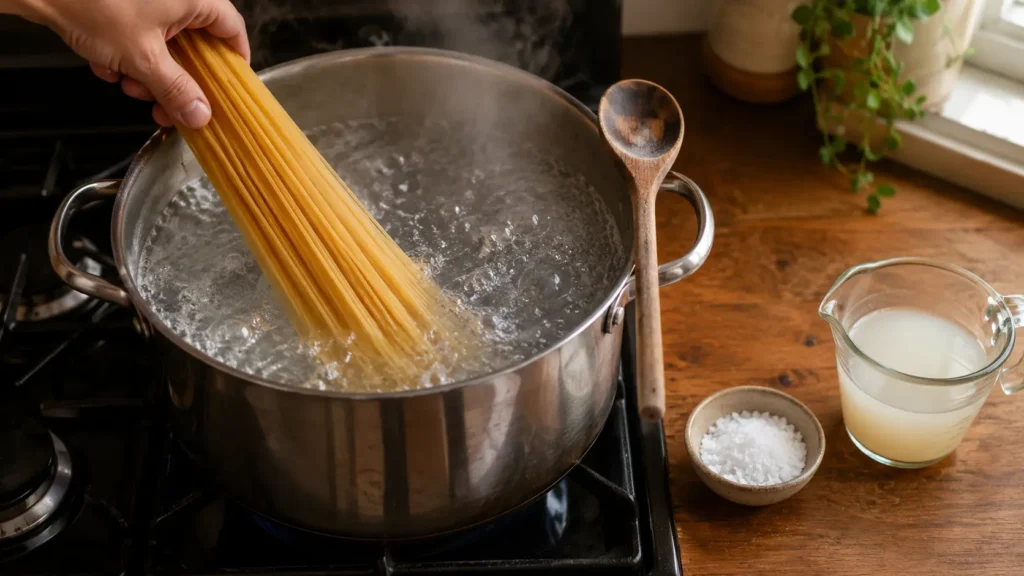Dry spaghetti strands being lowered into a large stockpot of salted rolling-boiling water on a home stovetop