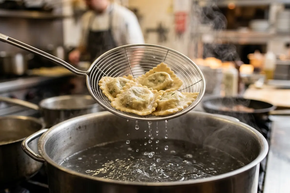 A spider strainer lifting intact cooked ravioli from a pot of simmering water