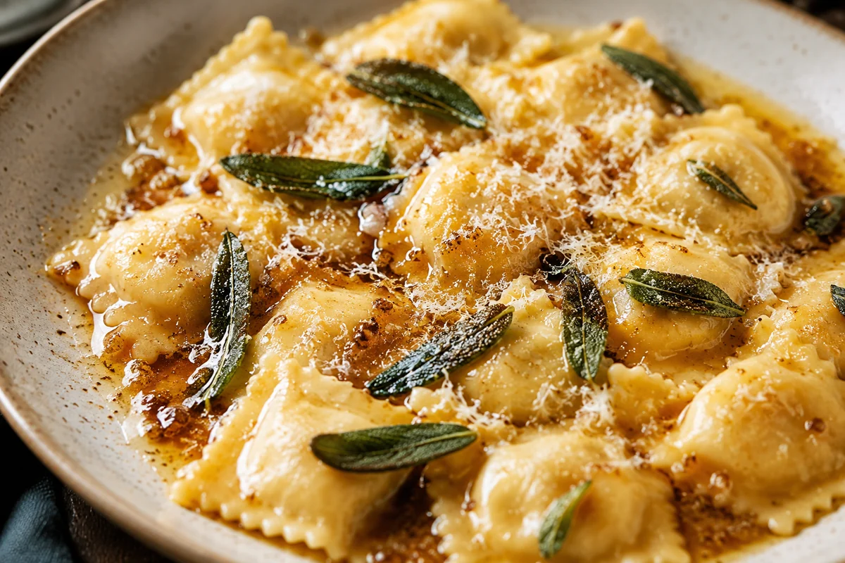 Plated cheese ravioli dressed in brown butter with crispy sage leaves and grated parmesan
