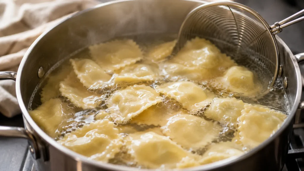 Fresh ravioli floating in a pot of gently simmering salted water with a spider strainer nearby