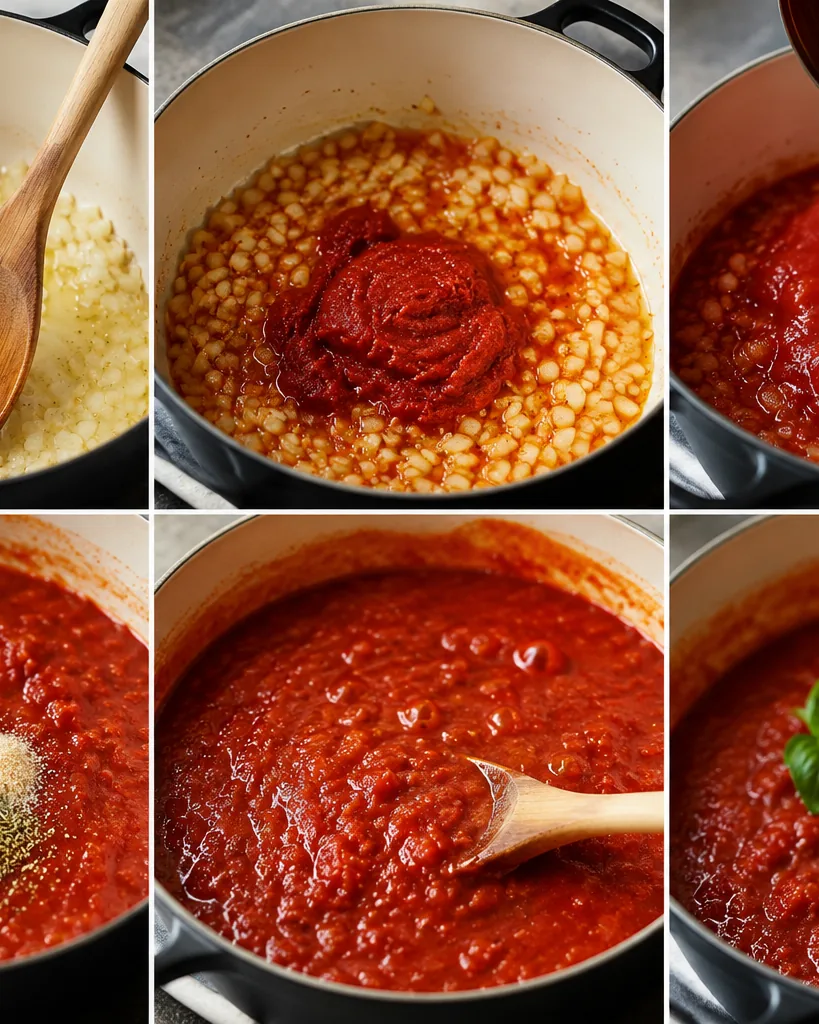 Step grid showing onion softening, tomatoes added, the sauce simmering, and the finished result