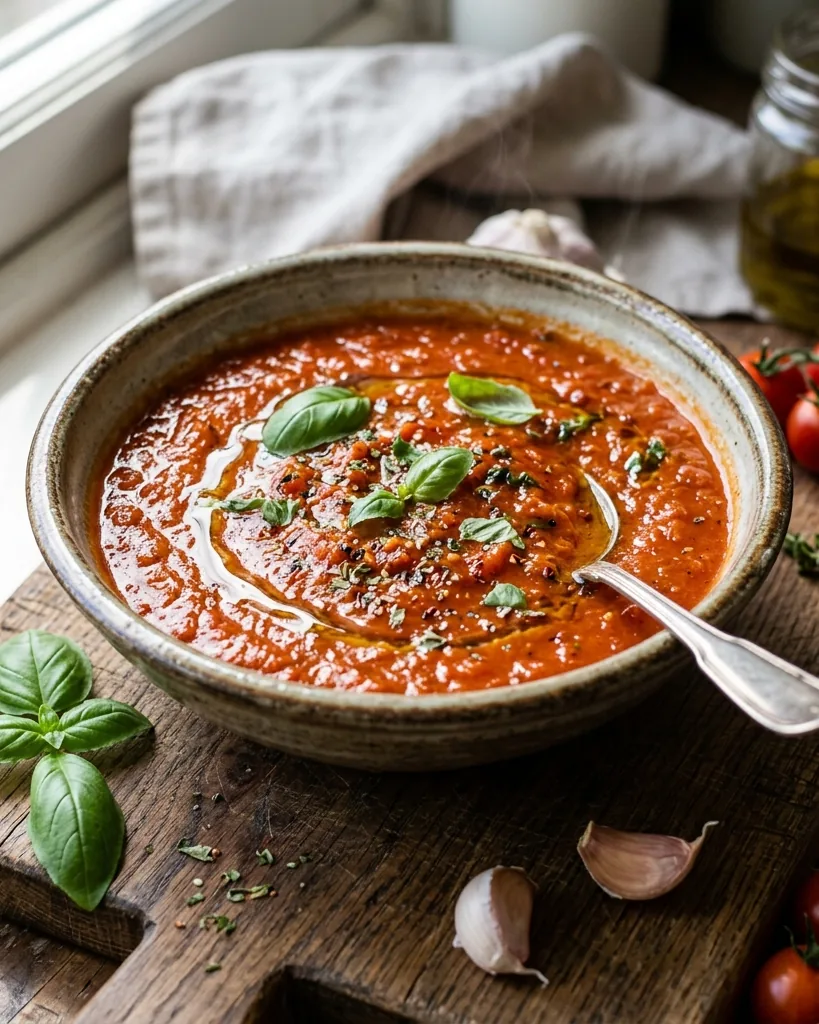 A finished bowl of glossy tomato sauce topped with fresh basil, beside garlic and tomatoes