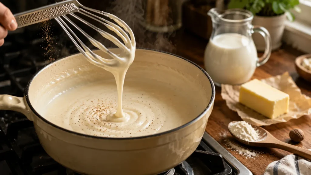 Silky white béchamel sauce ribboning off a whisk lifted above a saucepan with butter milk and flour arranged on the counter behind