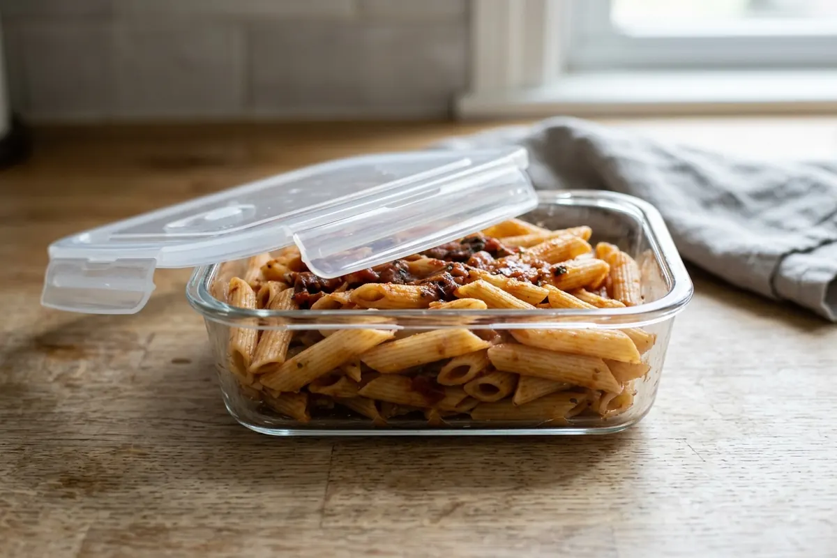 Single serving of pasta in a covered microwave dish with water added