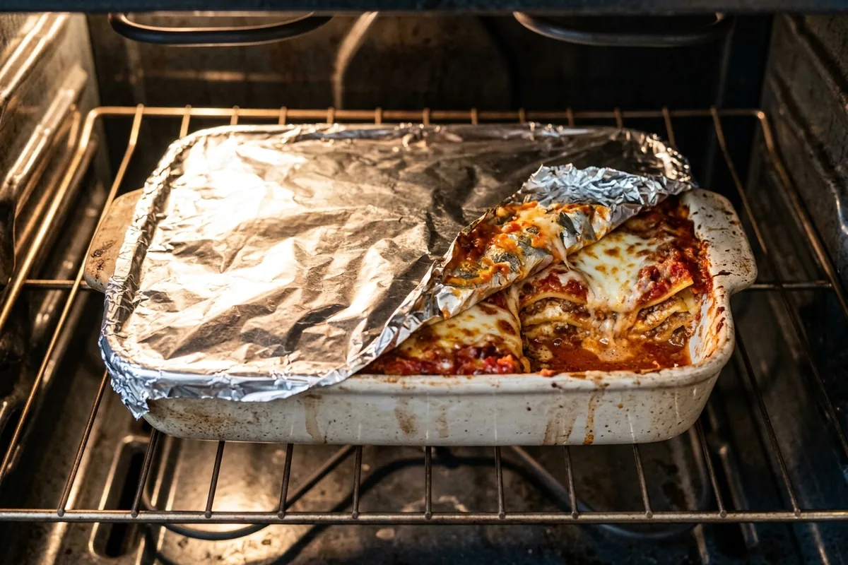 Foil-covered baked ziti reheating in an oven dish with bubbling edges
