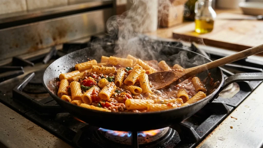 Leftover saucy pasta reheating in a skillet with added water and rising steam