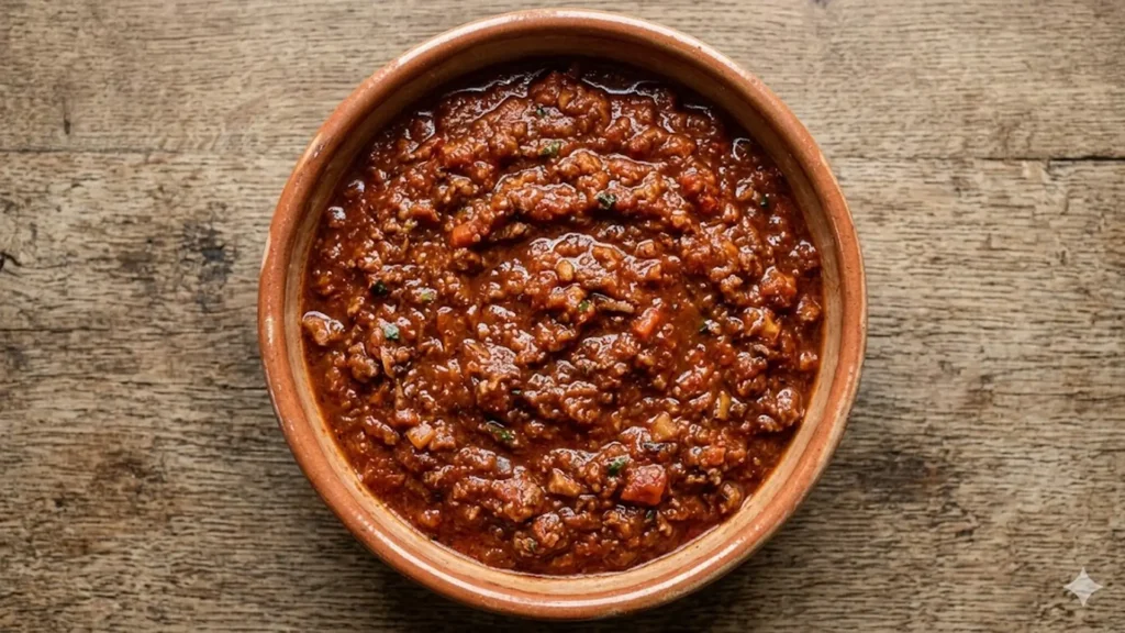 Thickening pasta sauce, beautifully styled overhead food photograph