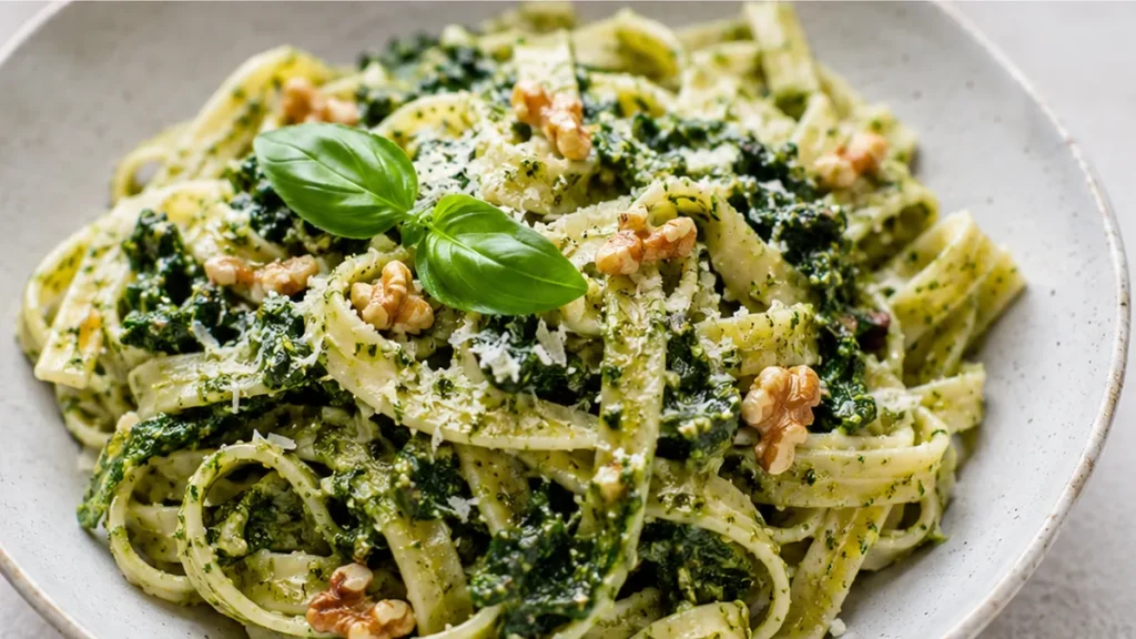 Creamy Kale Pesto Pasta! Kale pesto pasta: whip up this vibrant and healthy dish in under 30 minutes. Fresh kale pesto coats perfectly cooked pasta, topped with
