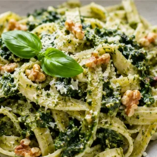 Creamy Kale Pesto Pasta! Kale pesto pasta: whip up this vibrant and healthy dish in under 30 minutes. Fresh kale pesto coats perfectly cooked pasta, topped with
