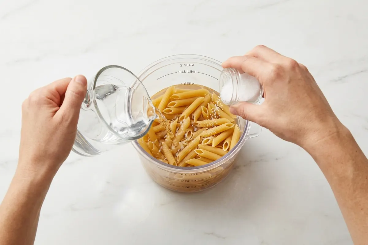 Hands adding water to a microwave pasta cooker filled with penne to the fill line