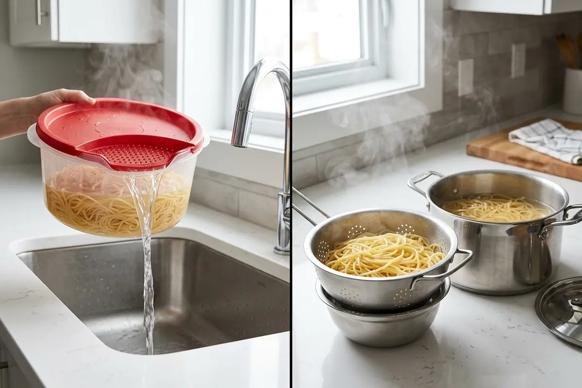 A microwave pasta cooker beside a stovetop pot and colander for cooking pasta