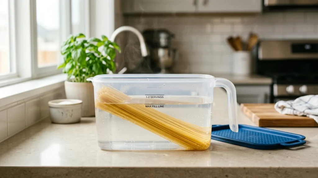 Clear microwave pasta cooker with spaghetti and a strainer lid on a kitchen counter