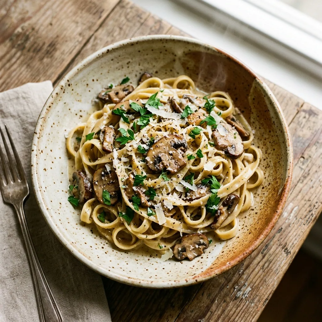 Creamy Garlic Butter Mushroom Fettuccine served and ready to eat