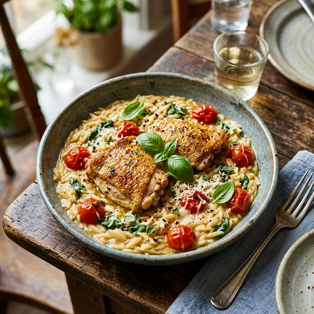 One-Pot Italian Chicken & Orzo served and ready to eat