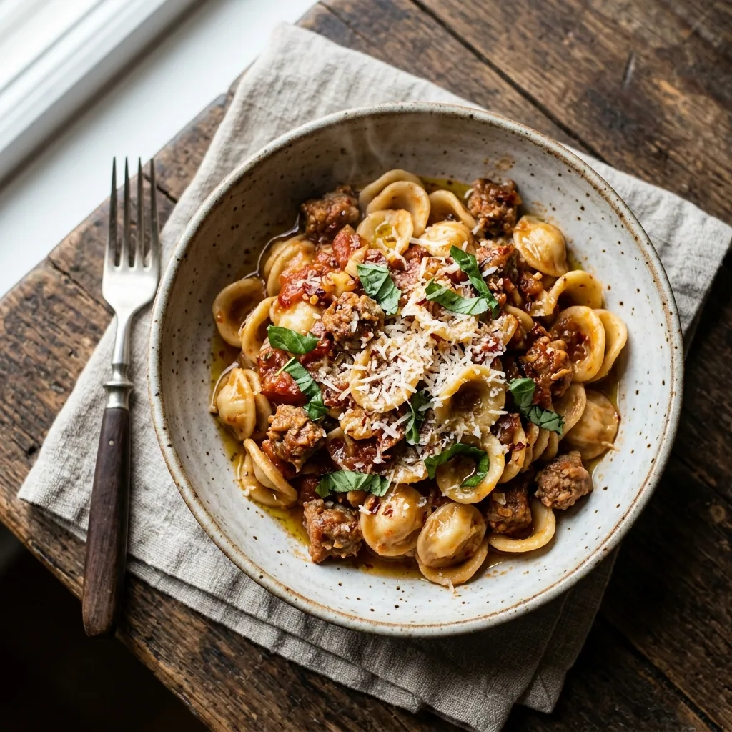 Orecchiette Sausage Pasta served and ready to eat