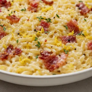 Creamy Lemon Orzo Carbonara - Orzo carbonara: craft this creamy, zesty lemon butter pasta with crispy bacon in under 30 minutes. A perfect weeknight meal for th