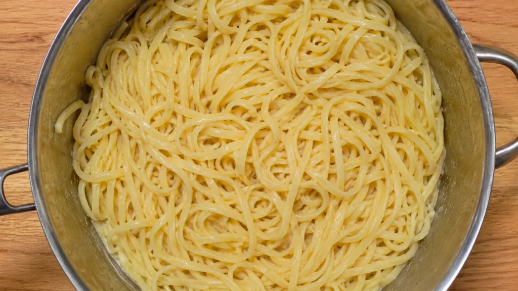 Overcooked pasta, beautifully styled overhead food photograph