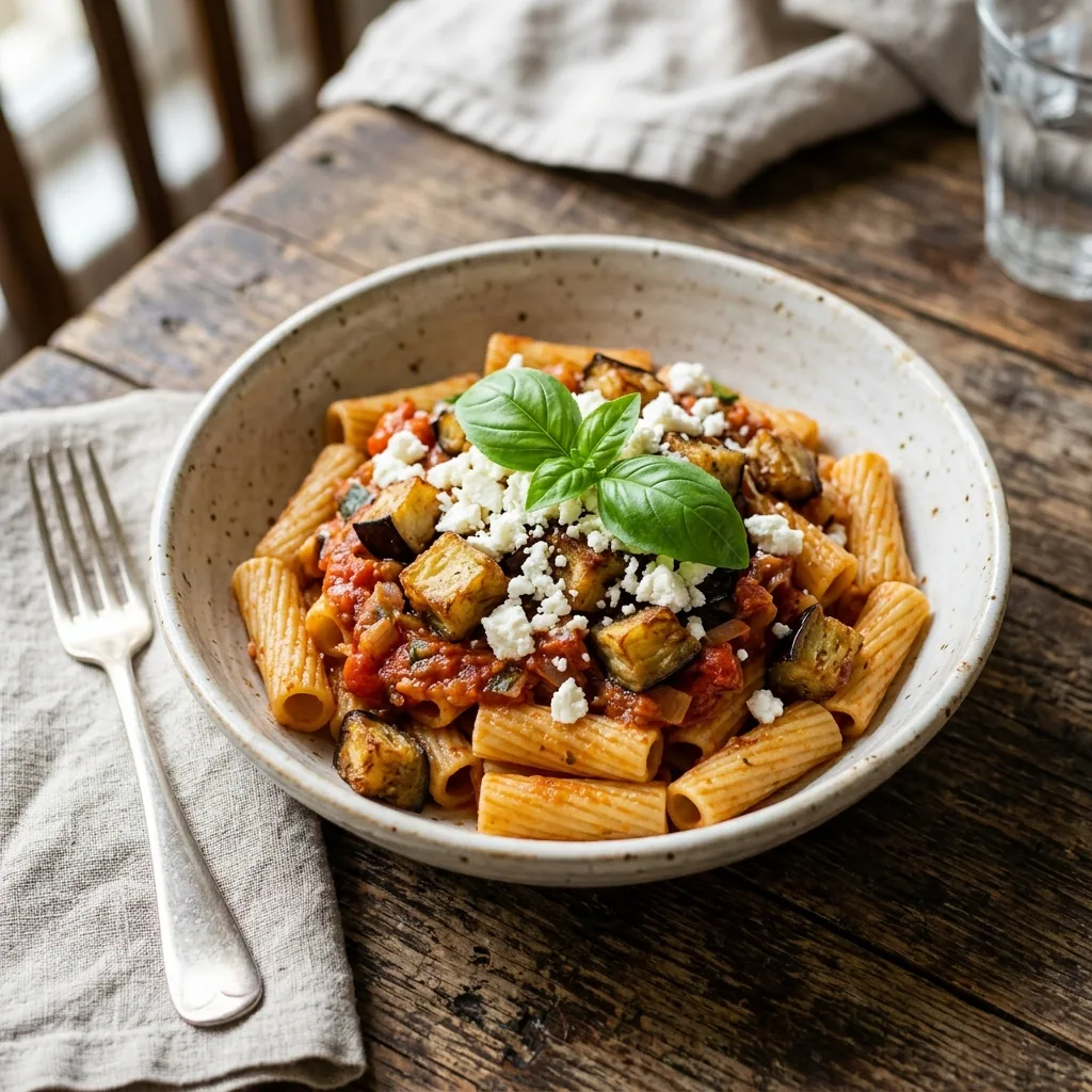 Pasta alla Norma served and ready to eat