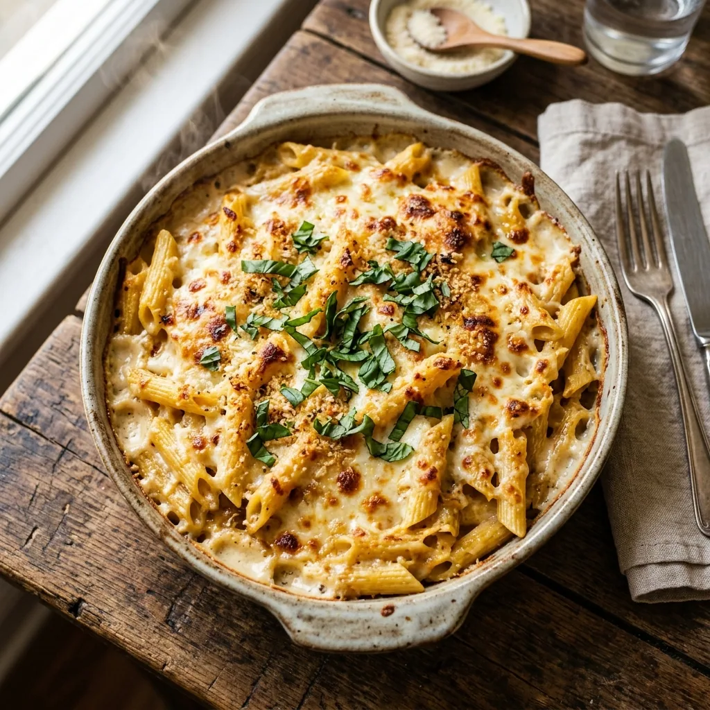 Creamy Pasta Bake Magic with Pantry Staples served and ready to eat