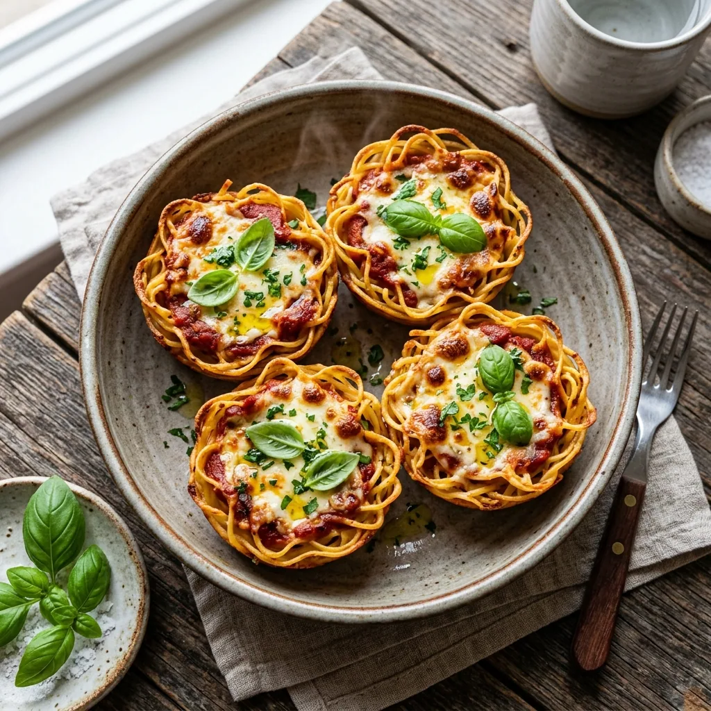 Genius Muffin Tin Pasta Nests! served and ready to eat