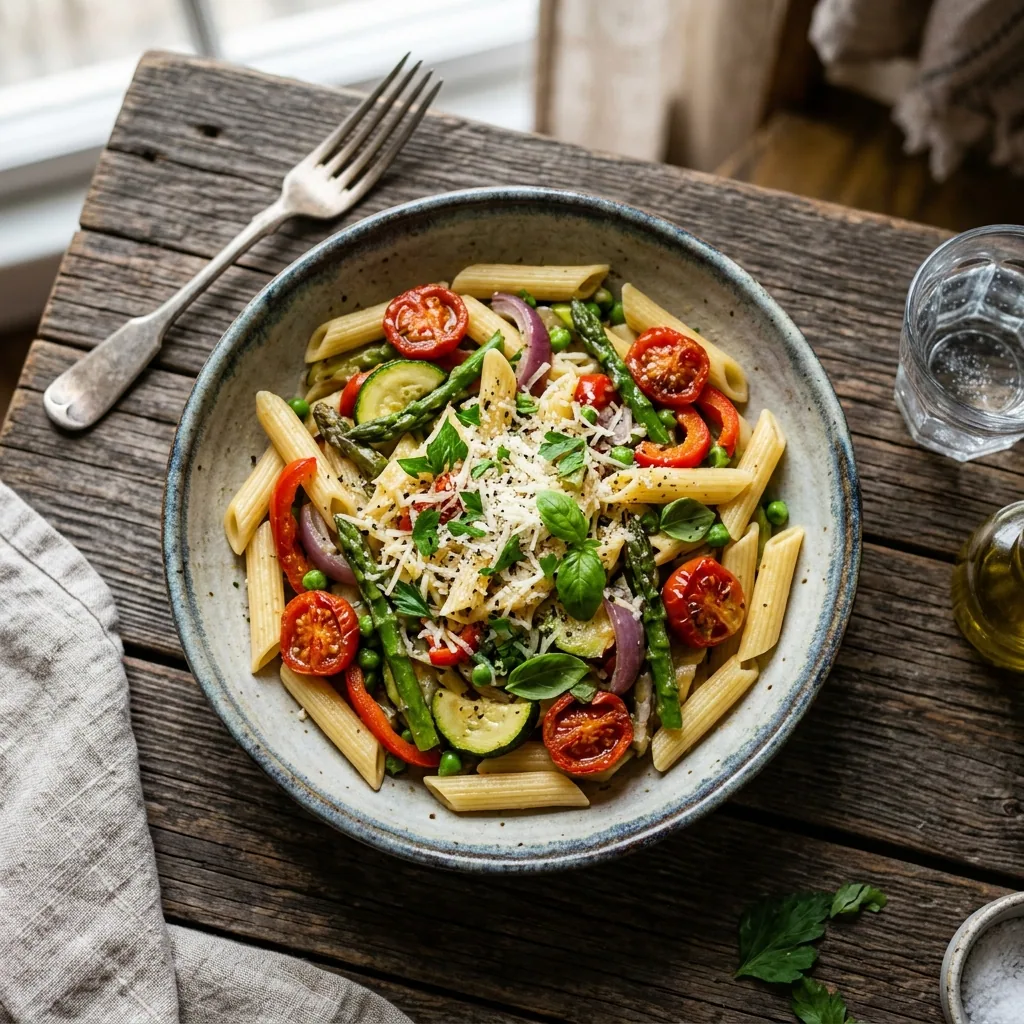 Pasta Primavera served and ready to eat