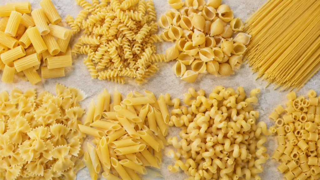 Pasta shapes, beautifully styled overhead food photograph