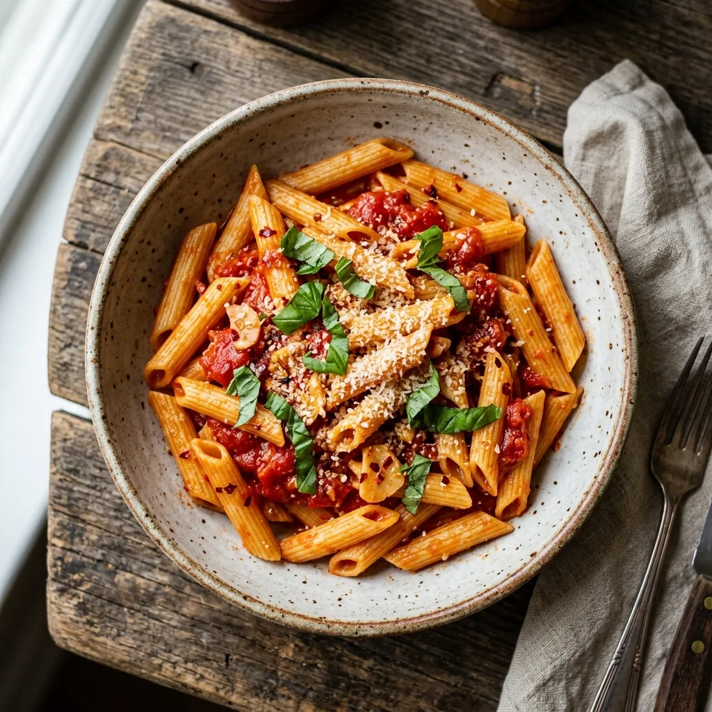 Spicy Penne All’Arrabbiata served and ready to eat