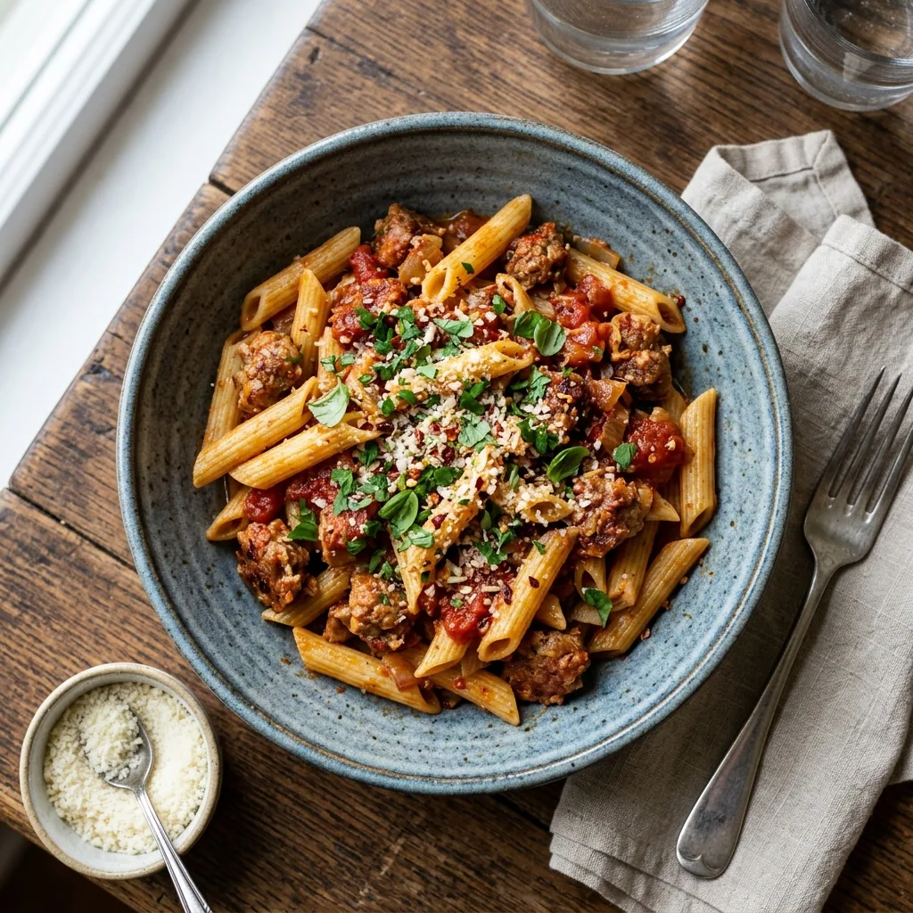 Garlic Penne with Spicy Sausage served and ready to eat