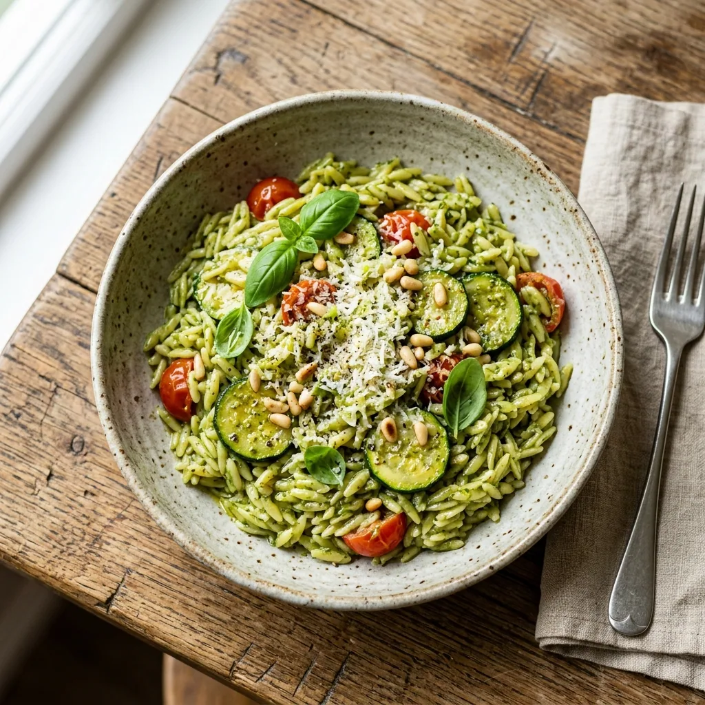 Zucchini Pesto Orzo served and ready to eat