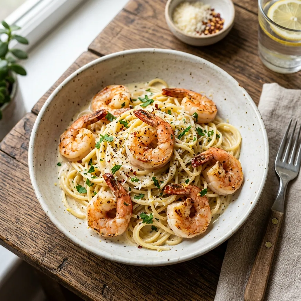 Creamy Garlic Prawn Pasta served and ready to eat