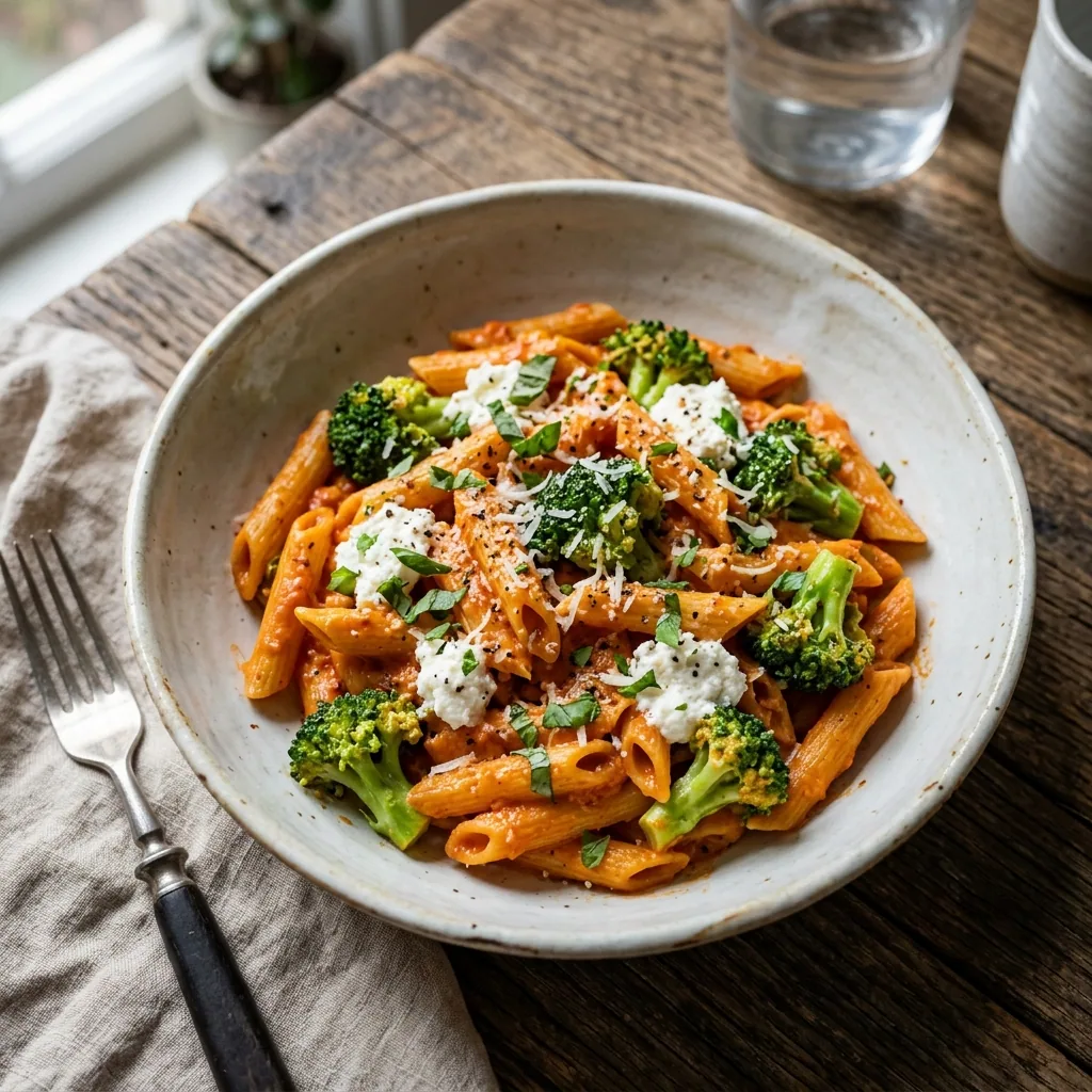 Creamy Tomato Ricotta Broccoli Pasta served and ready to eat