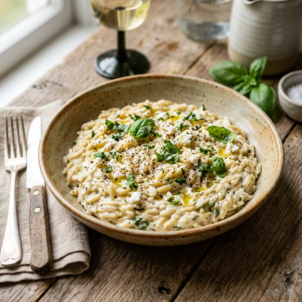 Creamy Goat Cheese Risoni served and ready to eat