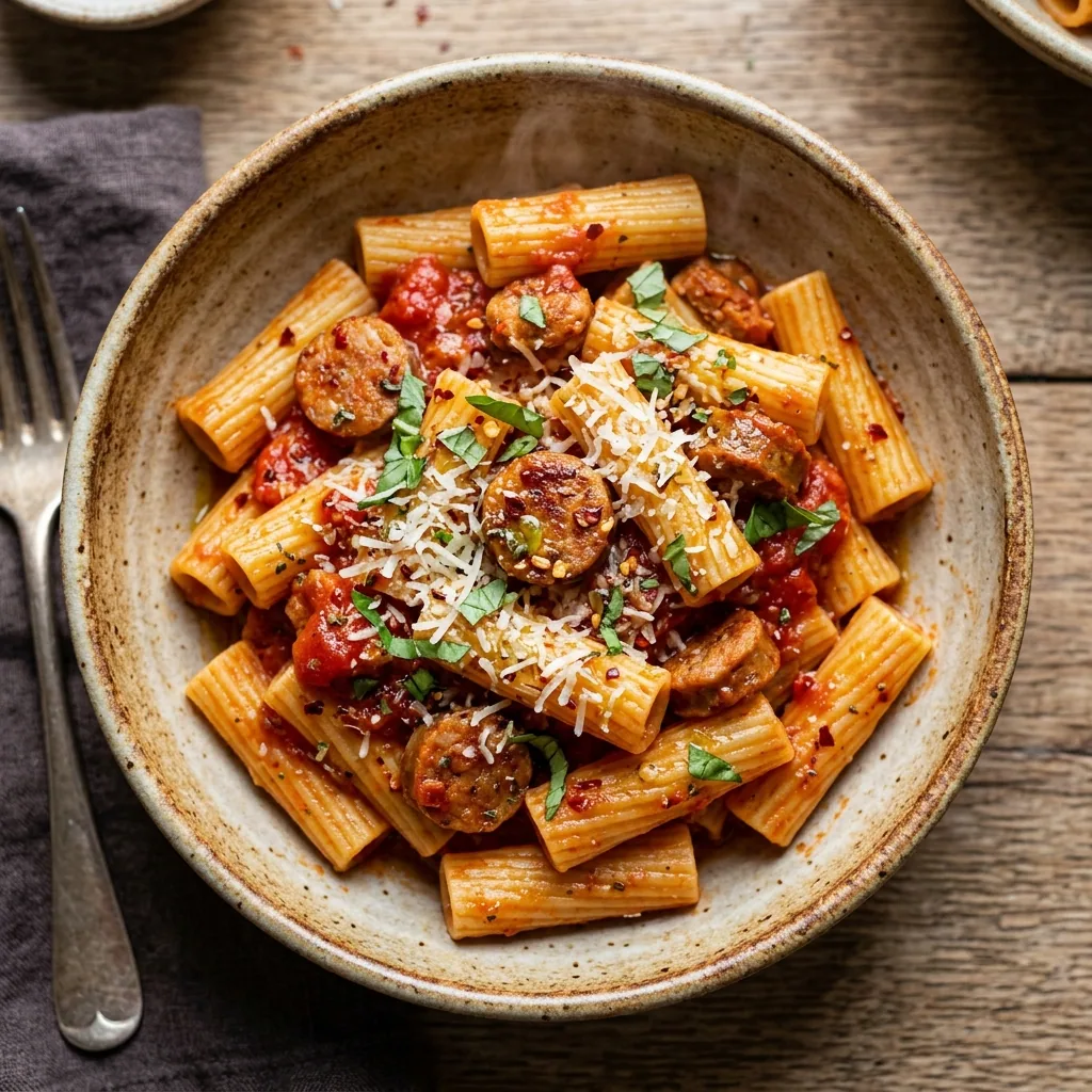 Spicy Sausage Rigatoni served and ready to eat