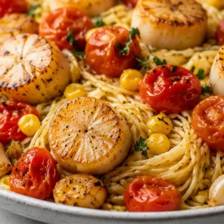 Seared Scallops & Burst Tomato Pasta - scallop pasta - Scallop pasta: whip up this incredible browned butter scallop and burst tomato basil pasta. A perfect, re
